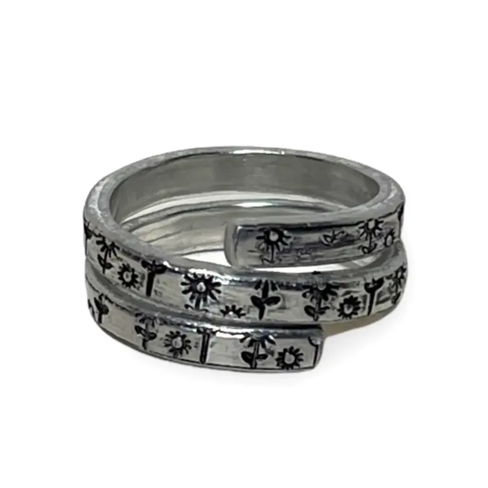Handmade 8‎ stamped flower pattern silver adjustable hypoallergenic wrap ring